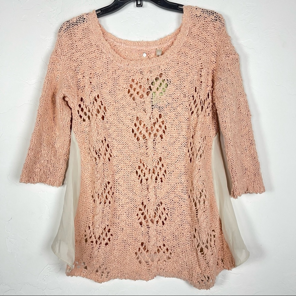 Anthropologie Sweater Knit Crochet Peach Pink‎ Sheer Hem 3/4 Sleeve Scoop Neck